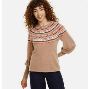 Charter Club 100% Cashmere Camel Sweater Fair Isle Balloon Sleeves, PXL